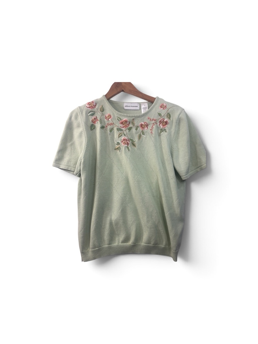 Alfred Dunner Floral Embroidered Beaded Short Sleeve Sweater Small Green VTG - Picture 1 of 8